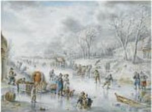 Many Figures On A Frozen Canal, A 'koek En Zopie' In Thedistance by Andries Vermeulen