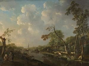River Landscape With Shepherd And Flock On The Bank by Andries Vermeulen