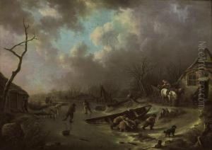A Winter Landscape With Figures Skating On A Frozen River