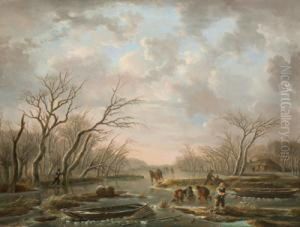Paesaggio Fluviale Invernale Con Pattinatori Sul Ghiaccio