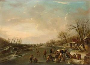 A Winter Scene With Skaters And A Horse-drawn Sleigh With Poultry Sellers