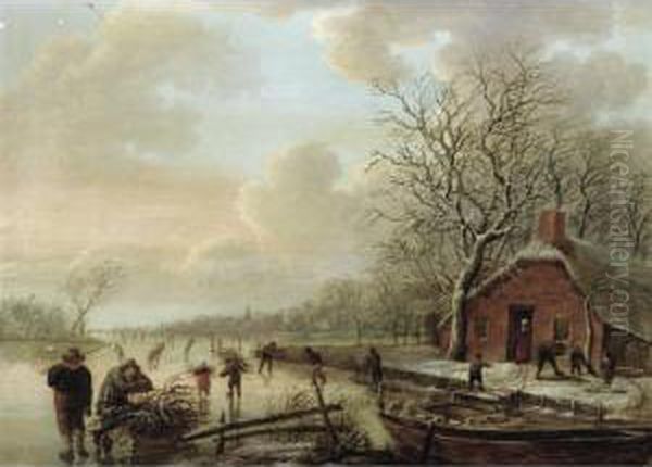 A Frozen River Landscape With Skaters And Men Collecting Firewood - view 1