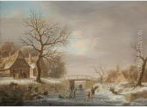 A Winter Landscape With Skaters On A Frozen River Running Through A Small Hamlet by Andries Vermeulen