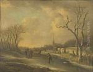 A Winter Landscape With Skaters On A Frozen Lake. by Andries Vermeulen