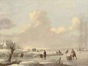 A Winter Landscape With Skaters On A Frozen River, A Tent And Atown Beyond