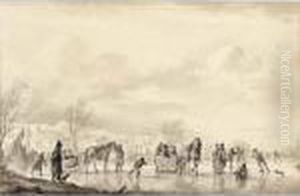 Winter Landscape With Skaters And Horse-drawn Sledges On The Ice, A Village Beyond