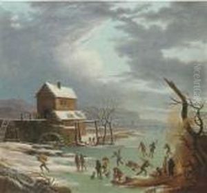 A Winter Landscape With Skaters On A Frozen Canal, A House With A Watermill Nearby by Andries Vermeulen