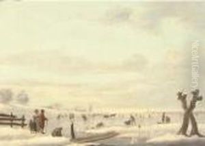 A Winter Landscape With Skaters On A Frozen River, A Windmill And A Town Beyond by Andries Vermeulen