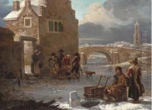 A Winter Landscape With Figures Fishing On A Frozen River by Andries Vermeulen