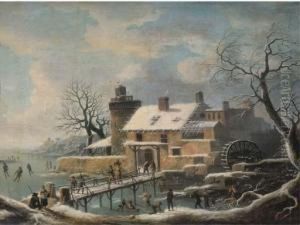 A Winter Landscape With Skaters On Frozen Water And Travellers On Abridge by Andries Vermeulen