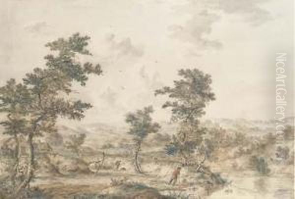 An Extensive Landscape With Herdsmen By A Stream - view 1