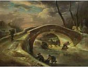 A Winter Landscape With A Horse
Drawn Cart Going Over A Bridge, Peasants Transporting Pigs Over The
River, And Children Sledging by Andries Vermeulen
