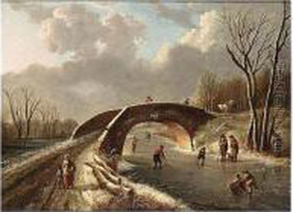 A Winter Landscape With Skaters On A River And Travellers Crossing A Bridge - view 1