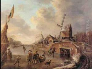 Winter Landscape With Peasants On A Frozen River by Andries Vermeulen