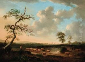 Shepherds With Their Flocks In An Extensive Landscape by Andries Vermeulen