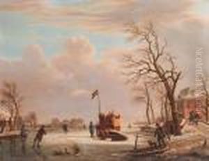 Skaters And Other Townsfolk On A Frozen River By A Countrymansion by Andries Vermeulen