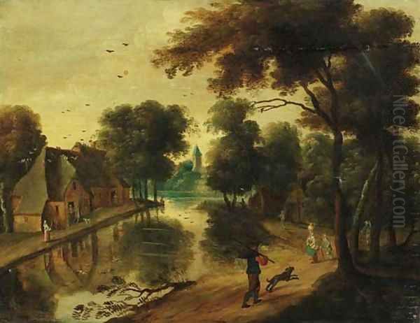 A river landscape with cottages and peasants - view 1