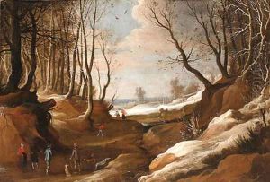 A winter Landscape with Faggot Gatherers and Travellers on a Path by Jacques Foucquieres