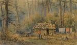 Log Cabin In A Forest Clearing.