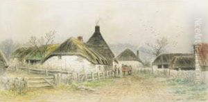 Village With Thatched Roof Cottages by Frederick Arthur Verner