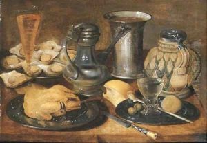 A roast pheasant, a roemer, olives, a lemon and a pipe, and oysters on pewter plates by Georg Flegel