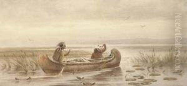 Indians Paddling A Canoe - view 1