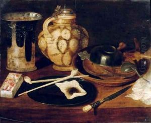 A deck of cards, a pewter plate with pipes and tobacco by Georg Flegel