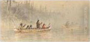 Canoes With Indians On A Lake by Frederick Arthur Verner