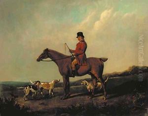 A huntsman on a bay hunter with hounds, in a landscape by John Snr Ferneley