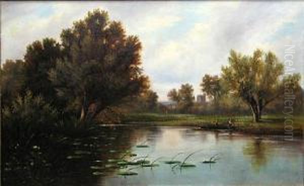 An Extensive River Landscape With Boaters In The Foreground - view 1