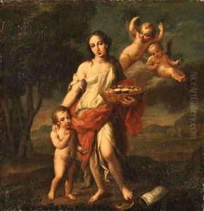 A Woman holding a Basket of Fruit with a Child and Putto by Marcantonio Franceschini)