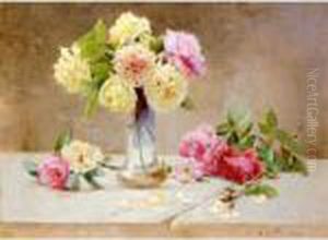Still Life Of Roses In A Glass Vase by Emile Vernon
