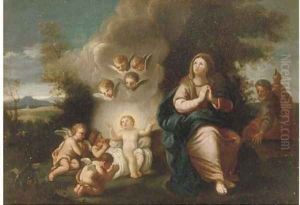 The Holy Family with the Infant Christ being adored by putti by Marcantonio Franceschini)
