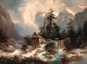 A watermill in an Alpine river landscape