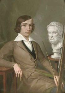 Self-portrait at the easel holding a porte-crayon and a mahl-stick