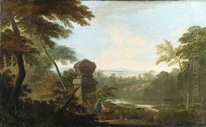 An Italianate wooded river Landscape, with figures in the foreground beside a tomb