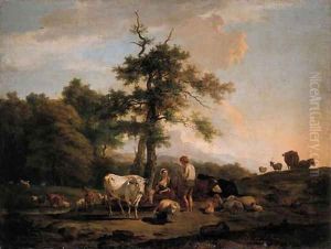 A cowherd and a shepherdess on a riverbank, in a Italianate landscape