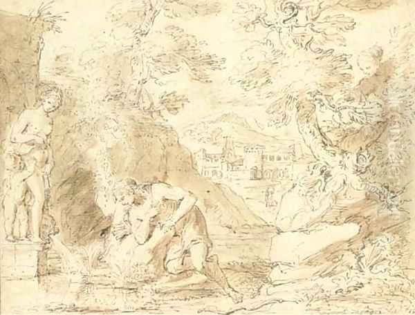 Narcissus gazing at his reflection in a pool, the city of Thespis in the distance - view 1