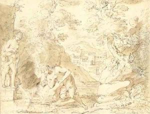 Narcissus gazing at his reflection in a pool, the city of Thespis in the distance by Raymond De La Fage