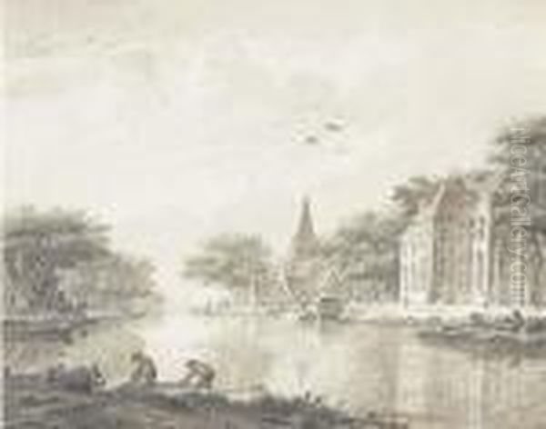 A Riverbank With Houses And Fishermen - view 1