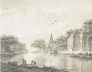 A Riverbank With Houses And Fishermen by Theodor (Dirk) Verrijk