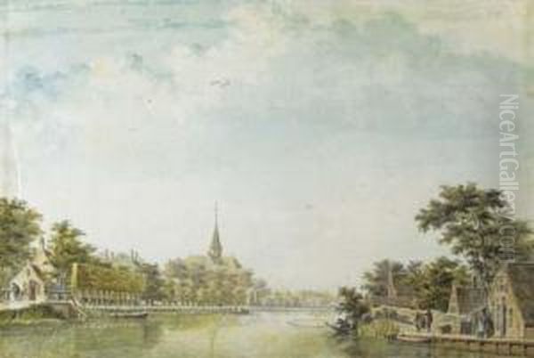 View Of Oudshorn, With Men
Fishing From A Boat; And View Of A Dutchvillage, With A Cottage On A
Canal And A Church Beyond - view 1