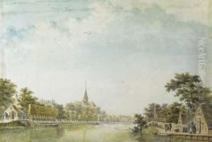 View Of Oudshorn, With Men 
Fishing From A Boat; And View Of A Dutchvillage, With A Cottage On A 
Canal And A Church Beyond by Theodor (Dirk) Verrijk