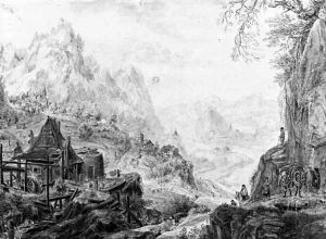 An extensive mountainous landscape with a mill in the foreground by Sybrand Fietama