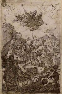 Two bishops intervening in a battle (recto5i); an angel (verso) by Fedele Fischetti