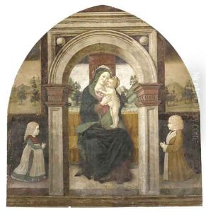 The Madonna and Child Enthroned, with two youthful donors, a landscape beyond by Floriano Ferramola