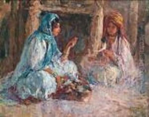 Ecole Belge
 Deux Jeunes Fileuses Conversant by Edouard Verschaffelt
