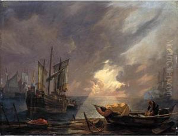 An Evening Coastal Scene With
Sailors Unloading Their Cargo, A Man-o-war Firing A Salute In The
Distance - view 1