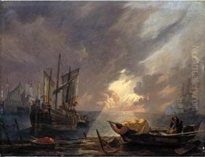 An Evening Coastal Scene With 
Sailors Unloading Their Cargo, A Man-o-war Firing A Salute In The 
Distance