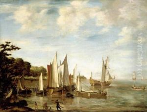 A Calm River Scene With Small Dutch Vessels At A Jetty
